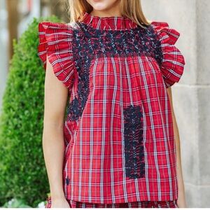 j. marie Rayna Embroidered Tartan Plaid Cap Sleeve Ruffle Neck Top